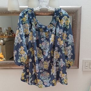 LC Lauren Conrad Blue Ruffled Off The Shoulder Floral Blouse